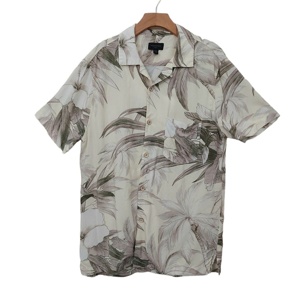 Magaschoni Man Shirt Mens Medium Beige Hawaiian Print Short Sleeve Travel